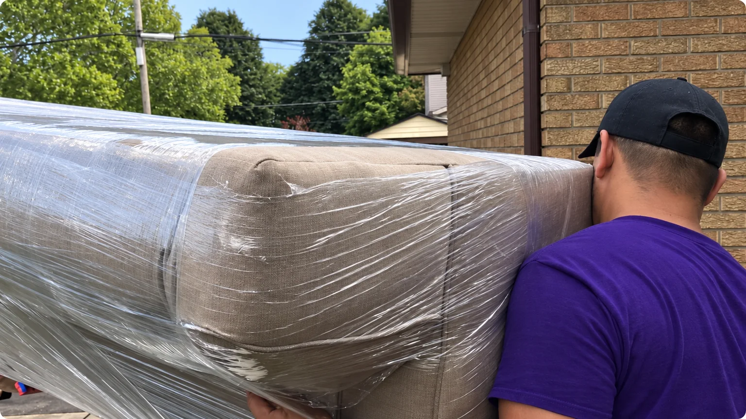 Professional movers protecting and carrying household furniture